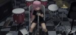  1girl artist_name black_shirt black_skirt black_socks blue_eyes bocchi_the_rock! cable cable_tie chair checkered_floor closed_mouth commentary_request cube_hair_ornament drum drum_set gotou_hitori guitar hair_ornament highres holding holding_instrument instrument jax197 kneehighs long_hair microphone one_side_up pink_hair shirt short_sleeves signature sitting skirt socks solo speaker t-shirt translation_request watermark 