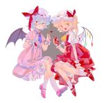  2girls ascot black_wings blonde_hair blue_hair blush bow brooch closed_mouth commentary cup demon_wings dress fang flandre_scarlet full_body hair_between_eyes hat hat_bow heart holding holding_spoon jewelry kanon_(rsl) long_bangs looking_at_viewer medium_hair mob_cap multiple_girls one_side_up open_mouth pinafore_dress pink_dress pink_footwear pink_headwear puffy_short_sleeves puffy_sleeves purple_ascot red_bow red_dress red_footwear remilia_scarlet shirt shoes short_hair short_sleeves siblings simple_background sisters sleeveless sleeveless_dress slit_pupils smile socks spilling spoon tea teacup touhou white_background white_headwear white_shirt white_socks wings wrist_cuffs yellow_eyes 