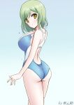  1girl ass back_cutout blue_background blue_one-piece_swimsuit breasts clothing_cutout commentary_request competition_swimsuit cowboy_shot green_eyes green_hair highres kikore_suke large_breasts lunateresia_von_wizleben medium_hair muvluv muvluv_alternative one-piece_swimsuit signature solo swimsuit the_euro_front wet wet_hair 