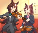  2girls =_= animal_ears black_jacket black_pants bow_(music) brown_hair closed_eyes couch cross_tie crossed_legs grey_vest horse_ears horse_girl horse_tail indoors instrument jacket long_hair long_sleeves looking_at_viewer multicolored_hair multiple_girls music oishi_oiru one_eye_closed open_mouth pants playing_instrument ponytail red_eyes shirt sirius_symboli_(umamusume) sitting smile streaked_hair tail tokai_teio_(umamusume) umamusume vest violin white_shirt window 