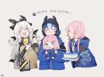  3girls arknights bare_shoulders birthday birthday_cake blue_eyes blue_hair blue_jacket blue_poison_(arknights) blush bolo_tie cake character_doll chibi closed_eyes commentary dailybloopy detached_sleeves double_bun english_commentary food glaucus_(arknights) grey_background hair_bun hairband happy_birthday hat highres hood hood_down hooded_jacket jacket long_hair long_sleeves low_twintails multicolored_hair multiple_girls numbered open_mouth pink_hair simple_background smile streaked_hair twintails weedy_(arknights) white_hair 