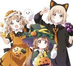  3girls :d animal_ears animal_hands apron back_bow bandage_on_hair black_bow black_ribbon black_shirt bow brown_eyes brown_hair candle candlestand capelet cat_ear_hairband cat_ears cat_paws collared_shirt english_commentary fang fingernails ghost gloves green_capelet green_headwear hair_ornament hairband halloween halloween_bucket halloween_costume hand_on_headwear hand_puppet hat hat_ribbon holding holding_candle jack-o&#039;-lantern jack-o&#039;-lantern_hair_ornament light_brown_hair long_hair long_sleeves loose_necktie low_twintails maid maid_apron maid_headdress multiple_girls nail_polish namori necktie oomuro-ke oomuro_hanako oomuro_nadeshiko oomuro_sakurako open_mouth orange_apron orange_necktie patch paw_gloves paw_pose plant puffy_long_sleeves puffy_short_sleeves puffy_sleeves pumpkin pumpkin_hat_ornament puppet ribbon shirt short_hair short_sleeves siblings simple_background sisters sleeves_pushed_up smile torn_capelet torn_clothes torn_hat twintails vines white_background witch witch_hat yellow_bow yellow_ribbon 