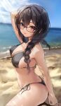  1girl arm_behind_head arm_up bare_arms bare_shoulders beach bikini black-framed_eyewear black_bikini black_hair blurry blurry_background braid breasts cleavage closed_mouth day fou_(ssqseeker) glasses highres long_hair looking_at_viewer medium_breasts original outdoors red_eyes side-tie_bikini_bottom smile solo string_bikini sunlight swimsuit thighs tongue tongue_out twin_braids twintails wet 