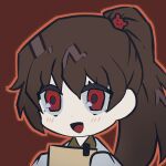  1girl avatar_icon bear_hair_ornament blush brown_hair carmen_(project_moon) coat coco_(556ch0cl8) hair_ornament high_ponytail highres lab_coat lobotomy_corporation long_hair long_sleeves open_mouth portrait project_moon red_eyes smile solo very_long_hair white_coat 