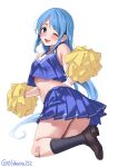  1girl ;d bandaid bandaid_on_knee bandaid_on_leg bare_shoulders black_socks blue_eyes blue_hair blue_shirt blue_skirt blush breasts brown_footwear cheerleader commentary_request crop_top ebifurya from_side full_body highres kantai_collection kneehighs long_hair looking_at_viewer looking_to_the_side navel one_eye_closed pleated_skirt pom_pom_(cheerleading) samidare_(kancolle) shirt shoe_soles shoes simple_background skirt sleeveless sleeveless_shirt small_breasts smile socks solo twisted_torso twitter_username very_long_hair white_background 
