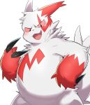  anthro belly blush claws fur generation_3_pokemon konbu_3333 looking_at_viewer male nintendo pink_eyes pokemon pokemon_(species) simple_background slightly_chubby smile solo white_background white_body white_fur zangoose zangoose_day 