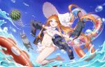  1girl abigail_williams_(fate) abigail_williams_(swimsuit_foreigner)_(fate) abigail_williams_(swimsuit_foreigner)_(first_ascension)_(fate) absurdres bare_shoulders bikini black_jacket blonde_hair blue_eyes blue_sky blush bonnet bow breasts cat fate/grand_order fate_(series) forehead hair_bow highres innertube jacket long_hair looking_at_viewer miniskirt navel ocean open_mouth parted_bangs shenqi_xiao_hong_zai_nali sidelocks skirt sky small_breasts smile swimsuit twintails very_long_hair white_bikini white_bow white_headwear 