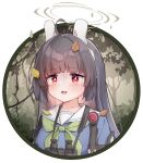  1girl :3 ahoge animal_ears binoculars black_hair blue_archive breasts e-note forest halo highres leaf leaf_on_head long_hair miyu_(blue_archive) nature open_mouth outdoors rabbit_ears red_eyes scared school_uniform small_breasts tree 