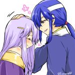  1boy 1girl bare_shoulders blue_hair brother_and_sister circlet closed_eyes dress fire_emblem fire_emblem:_genealogy_of_the_holy_war headband headpat julia_(fire_emblem) long_hair open_mouth ponytail purple_hair seliph_(fire_emblem) siblings simple_background smile white_headband yukia_(firstaid0) 