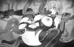  1girl anal ankle_boots anus aochoku bare_shoulders boots breasts breasts_out clenched_teeth closed_eyes clothing_cutout collar commentary double_penetration elbow_gloves fate/grand_order fate_(series) fellatio gloves greyscale hair_over_one_eye high_heel_boots high_heels highleg highleg_leotard highres interspecies large_breasts leotard mash_kyrielight metal_collar monochrome navel navel_cutout nipples oral penis_tentacle pussy pussy_juice restrained short_hair spread_legs sweat symbol-only_commentary teeth tentacle_sex tentacles thigh_strap thighhighs thighs torn_clothes torn_leotard vaginal wide-eyed 