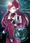  1girl blue_eyes blurry blurry_foreground bodysuit breasts commentary_request gloves highres holographic_interface long_hair looking_at_viewer macross macross_delta mirage_farina_jenius mixed-language_commentary pilot_suit pochi_super_z pointy_ears purple_hair science_fiction serious spacesuit 