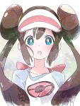  1girl :o blue_eyes brown_hair double_bun doughnut_hair_bun hair_bun ixy long_hair looking_at_viewer open_mouth pokemon pokemon_(game) pokemon_bw2 raglan_sleeves rosa_(pokemon) shirt solo twintails upper_body visor_cap 