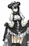  1girl agent_(girls&#039;_frontline) artist_name asymmetrical_hair black_dress black_gloves black_hair breasts closed_mouth clothes_lift collar commentary_request cowboy_shot curtsey double_bun dress dress_lift garter_belt girls&#039;_frontline gloves hair_between_eyes hair_bun head_tilt highres infukun korean_commentary lifted_by_self long_hair looking_at_viewer maid maid_headdress medium_breasts puffy_short_sleeves puffy_sleeves sangvis_ferri shirt short_sleeves simple_background solo thighhighs third-party_source v-shaped_eyebrows white_background white_shirt yellow_eyes 