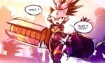  animal_ears blaze_the_cat cat_ears cat_girl cat_tail fangs forehead_jewel full-length_zipper fur-trimmed_gloves fur_trim gloves highres hoodedmask hover_board jet_the_hawk jumpsuit ponytail purple_fur purple_jumpsuit sonic_(series) sonic_riders sonic_the_hedgehog speech_bubble sweatdrop tail tails_(sonic) tree white_gloves yellow_eyes zipper zipper_pull_tab 