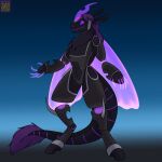  2023 ambiguous_gender anthro arthropod black_body changeling foxenawolf friendship_is_magic gradient_background hair hasbro hooves horn machine my_little_pony protogen purple_hair simple_background solo tail tail_tuft tuft 