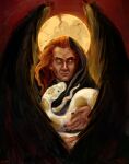  1boy black_nails black_robe cliopadra crowley_(good_omens) demon demon_boy feathered_wings good_omens highres hood long_hair looking_at_viewer portrait robe slit_pupils snake solo wings yellow_eyes 
