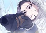  1boy aiming black_eyes black_hair facial_hair foreshortening gloves golden_kamuy gun hair_slicked_back hair_strand hand_up highres holding holding_gun holding_weapon imperial_japanese_army male_focus no_pupils ogata_hyakunosuke onimoti perspective rifle scar scar_on_cheek scar_on_face shirt short_hair solo stubble undercut upper_body weapon weapon_focus weapon_request 