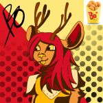  1:1 2023 absurd_res anthro antlers bojangles canid canine clothed clothing colored deer digital_drawing_(artwork) digital_media_(artwork) fast_food female food fur hair hi_res horn hybrid mammal plant potato shaded signature solo tongue tongue_out vegetable yellow_eyes youkairyu 