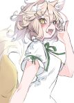  1girl animal_ear_fluff animal_ears blonde_hair blush deal360acv fangs fox_ears fox_tail green_ribbon highres kudamaki_tsukasa looking_at_viewer open_mouth ribbon romper short_hair short_sleeves simple_background solo tail touhou upper_body white_background white_romper yellow_eyes 