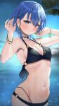  1girl bikini black_bikini blue_eyes blue_hair bowsan bracelet breasts choker cleavage earrings hair_between_eyes highres hololive hoshimachi_suisei jewelry navel night night_sky official_alternate_hair_length official_alternate_hairstyle parted_lips partially_submerged short_hair sky smile solo star_(symbol) star_in_eye stomach swimsuit symbol_in_eye virtual_youtuber wet 