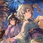  2girls ahoge arm_up benghuai_xueyuan black_hair bow breasts bronya_zaychik chestnut_mouth closed_mouth drill_hair fireworks floating_hair green_eyes grey_hair hair_between_eyes hair_bow holding holding_stuffed_toy homu_(honkai_impact) honkai_(series) japanese_clothes kimono looking_ahead looking_at_another multiple_girls night night_sky official_art orange_bow outdoors parted_lips purple_bow seele_vollerei sidelocks sky small_breasts stuffed_toy twin_drills twintails yukata 