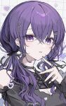  1girl asahina_mafuyu bare_shoulders black_choker black_dress black_nails black_ribbon choker clothing_cutout dress hair_ornament heart heart_hair_ornament highres jewelry looking_at_viewer low_twintails multiple_rings nong_345 parted_lips pinky_ring project_sekai purple_eyes purple_hair ribbon ribbon_braid ring shoulder_cutout solo twintails upper_body 