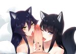  1boy 2girls ahri_(league_of_legends) animal_ear_fluff animal_ears black_hair black_nails black_tail blue_eyes character_request collarbone cooperative_fellatio fellatio hetero large_penis league_of_legends licking licking_penis looking_at_viewer multiple_girls multiple_tails one_eye_closed oral penis pov simple_background tail tofuubear tongue tongue_out white_background white_tail yellow_eyes 