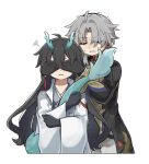  2boys aqua_horns aqua_tail black_coat black_gloves black_hair closed_eyes coat covering_another&#039;s_eyes cropped_legs dan_feng_(honkai:_star_rail) dan_heng_(honkai:_star_rail) dan_heng_(imbibitor_lunae)_(honkai:_star_rail) dot_nose earrings eyes_visible_through_hair gloves grey_hair grey_kimono hair_intakes hands_up hara_(nanohara) highres honkai:_star_rail honkai_(series) horns japanese_clothes jewelry kimono long_hair male_focus mandarin_collar multiple_boys pants parted_bangs parted_lips simple_background sleeve_cuffs squiggle sweat tail tickling trembling very_long_hair white_background white_coat white_pants wide_sleeves yingxing_(honkai:_star_rail) 