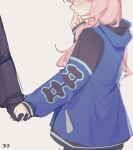  1girl 1other arknights black_gloves blue_jacket blue_poison_(arknights) blush commentary dailybloopy doctor_(arknights) embarrassed english_commentary from_behind gloves grey_background hand_up head_out_of_frame hood hood_down hooded_jacket jacket long_hair long_sleeves low_twintails pink_hair simple_background twintails 