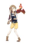  2girls absurdres animal_hands antenna_hair backpack bag banjo-kazooie banjo_(banjo-kazooie) banjo_(banjo-kazooie)_(cosplay) beak bird brown_hair cosplay crossover full_body gloves green_eyes hair_ribbon highres jewelry kazooie_(banjo-kazooie) koshigaya_komari kurobeko_(kur0bek0) long_hair multiple_girls name_tag necklace non_non_biyori open_mouth parted_lips paw_gloves paw_shoes ribbon shorts simple_background standing white_background yellow_shorts 