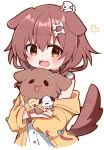  1girl :d animal_collar animal_ears blush bone_hair_ornament braid brown_eyes brown_hair collar commentary creature creature_on_head dog_ears dog_girl dog_tail double-parted_bangs dress dual_persona extra_ears fang futo-inu hair_between_eyes hair_ornament hairclip hololive hoso-inu inugami_korone inugami_korone_(1st_costume) inugami_korone_(dog) jacket listener_(inugami_korone) long_hair low_twin_braids low_twintails open_clothes open_jacket open_mouth rabiiandrain red_collar skin_fang sleeveless sleeveless_dress smile symbol-only_commentary tail twin_braids twintails virtual_youtuber white_background white_dress yellow_jacket 