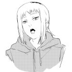  1girl chainsaw_man forked_tongue greyscale highres knew_nothing looking_at_viewer monochrome sawatari_akane_(chainsaw_man) short_hair slit_pupils tongue tongue_out white_background 