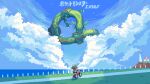  1girl bandana bicycle cloud grass green_bandana highres horizon itzah lighthouse looking_at_another looking_down looking_up may_(pokemon) ocean outdoors pixel_art pokemon pokemon_(creature) pokemon_(game) pokemon_center pokemon_emerald pokemon_rse rayquaza sidewalk sky 