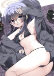  1girl ass bags_under_eyes bikini black_bikini black_hair blue_archive blue_eyes blue_hairband breasts commentary_request glasses grey_jacket hair_between_eyes hairband halo highres jacket jewelry long_hair long_sleeves looking_at_viewer lying navel official_alternate_costume on_side paid_reward_available parted_lips partial_commentary pendant ponytail sleeves_past_wrists small_breasts solo swimsuit ui_(blue_archive) ui_(swimsuit)_(blue_archive) very_long_hair yashiro_ryo yellow_halo 