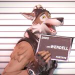  1:1 2023 3d_(artwork) anthro armor barbie_and_ken_mugshot_meme brown_body brown_fur bust_portrait canid canine canis clothing digital_media_(artwork) dollymolly323 english_text epic_games fingerless_gloves fortnite fur gloves handwear headgear helmet hi_res holding_object humanoid_hands looking_at_viewer male mammal meme mugshot open_mouth open_smile portrait smile solo text wendell_(fortnite) wolf yellow_sclera 