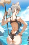  1boy 1girl animal_ears arona&#039;s_sensei_doodle_(blue_archive) ass blue_archive blue_eyes blue_sky bow_(bhp) breasts cloud competition_swimsuit day from_behind grey_hair hand_on_own_hip looking_at_viewer looking_back medium_breasts ocean official_alternate_costume one-piece_swimsuit outdoors ponytail sensei_(blue_archive) shiroko_(blue_archive) shiroko_(swimsuit)_(blue_archive) short_hair sky swimsuit wet wet_clothes wet_swimsuit 