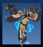  2023 5_fingers accessory action_pose anthro arm_tuft artist_logo avian beak bird black_hair_tie blue_background blue_body blue_feathers boots border brown_body brown_claws brown_feathers brown_hair cheek_tuft claws clenched_teeth clothing cosmic_background dual_wielding elbow_tuft eyebrows facial_tuft feathers female fingers footwear futuristic_clothing futuristic_gun glowing glowing_clothing gradient_border gun hair hair_accessory hair_tie headgear headwear hi_res holding_gun holding_object holding_weapon knee_tuft leg_tuft logo narrowed_eyes orange_beak outside_border outstretched_arm plantigrade ponytail pose purple_eyes raised_eyebrow raised_leg ranged_weapon ria_(sammfeatblueheart) sammfeatblueheart signature simple_background solo starry_background striped_feathers tail_feathers tan_body tan_feathers teeth trogon trogonid tuft weapon white_body white_feathers winged_arms wings wrist_tuft 