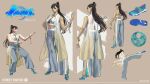  1girl ass bracelet capcom character_name chun-li crop_top fighting_stance high_kick jewelry kicking looking_at_viewer official_alternate_costume official_alternate_hairstyle official_art reference_sheet shoes sneakers street_fighter street_fighter_6 updo 
