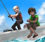  2boys alternate_costume arknights bait black_bag black_hair black_pants black_shirt blue_bag blue_eyes blue_shirt blue_sky bright_pupils brown_footwear brown_shorts buchi0122 collared_shirt dark-skinned_male dark_skin day ear_piercing elysium_(arknights) fishing fishing_lure fishing_rod from_below full_body green_shirt grey_hair hawaiian_shirt highres holding holding_fishing_rod jewelry life_vest light_blush looking_at_object looking_down lure multicolored_hair multiple_boys open_mouth orange_vest outdoors pants parted_lips piercing red_hair sandals shirt shoe_soles short_hair short_sleeves shorts sitting sky standing streaked_hair sweat teeth thorns_(arknights) toes upper_teeth_only vest water white_pupils yellow_eyes 