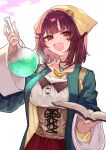  1girl :d atelier_(series) atelier_sophie book bottle breasts brown_choker choker commentary_request corset fang green_jacket head_scarf highres holding holding_book holding_bottle jacket long_sleeves looking_at_viewer medium_breasts open_clothes open_jacket open_mouth red_eyes red_hair ryuuno6 short_hair simple_background smile solo sophie_neuenmuller white_background yellow_headwear 