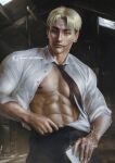  1boy abs black_pants blonde_hair bottle chainsaw_man closed_mouth earrings facial_hair highres holding holding_bottle jewelry kishibe_(chainsaw_man) looking_at_viewer male_focus navel necktie nipple_piercing nipples open_clothes open_shirt pants patreon_username piercing scar scar_on_face scar_on_mouth shirt short_hair solo white_shirt xteve_abanto 
