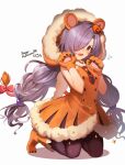  1girl animal_ears animal_hands black_pantyhose blush commentary dress english_text fake_animal_ears fake_tail fang flying_sweatdrops frown full_body fur-trimmed_dress fur_trim gloves granblue_fantasy hair_bobbles hair_ornament hair_over_one_eye halloween halloween_costume happy_halloween highres hooded_dress jack-o&#039;-lantern jack-o&#039;-lantern_hair_ornament kneeling koishi_(kiwi0314) lion_ears lion_tail long_hair looking_at_viewer low-tied_long_hair niyon_(granblue_fantasy) open_mouth orange_dress orange_footwear pantyhose paw_gloves paw_shoes purple_hair red_eyes shadow simple_background skin_fang sleeveless sleeveless_dress solo tail tearing_up twintails very_long_hair white_background 
