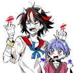  2girls ahoge bandaged_arm bandages bar_censor black_hair blush censored collarbone double_middle_finger horns kijin_seija messy_hair middle_finger multicolored_hair multiple_girls purple_hair re_ghotion red_eyes red_hair short_hair simple_background streaked_hair sukuna_shinmyoumaru tongue tongue_out touhou upper_body white_background 