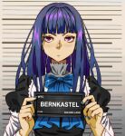  1girl absurdres barbie_mugshot_(meme) blue_bow blue_hair blue_nails blunt_bangs bow card character_name frederica_bernkastel frills height_mark highres holding holding_card holding_sign long_hair meme mugshot purple_eyes sign solo umineko_no_naku_koro_ni upper_body zucchinidraws 