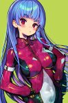  1girl belt blue_hair blush bodysuit breasts gloves highres kula_diamond long_hair looking_at_viewer onono_imoko pout red_eyes simple_background skin_tight solo the_king_of_fighters yellow_background zipper 