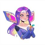  1girl absurdres banana_(bananapie) blonde_hair breasts eating english_commentary facial_mark food fruit highres holding holding_food holding_fruit kai&#039;sa league_of_legends long_hair multicolored_hair parted_bangs peach purple_eyes purple_hair simple_background small_breasts solo upper_body whisker_markings white_background 