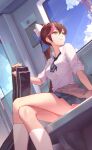  bow breasts brown_hair collared_shirt crazy_ones from_below green_eyes guitar_case hair_bow highres instrument_case medium_breasts miniskirt official_art pleated_skirt school_uniform shirt sitting skirt socks su_xiaoye white_bow white_shirt white_socks 
