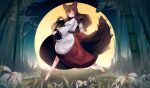  1girl absurdres animal_ears bamboo bamboo_forest barefoot brown_hair closed_eyes dancing dress flower forest full_moon gradient_background highres imaizumi_kagerou long_hair long_sleeves meadow moon nature night penglai_tea puffy_long_sleeves puffy_sleeves solo tail touhou wolf_ears wolf_girl wolf_tail 