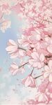  artist_name blue_sky cherry_blossoms falling_petals flower flower_focus hano_1219 highres nature no_humans original outdoors petals pink_flower signature sky wind 