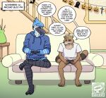  anthro avian bird cartoon_network clothing controller dialogue duo english_text furniture game_controller halloween_decoration hi_res male mammal mordecai_(regular_show) procyonid raccoon regular_show rigby_(regular_show) sitting sofa streif text 